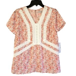 Downeast Day Star Blouse Ditsy Floral Lace Trim Blouse Small Light Flowy